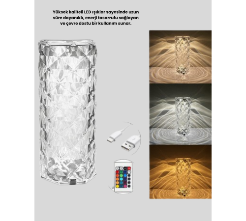 Kristal RGB LED’li Kumandalı Masa ve Gece Lambası – Renkli Işık Modlarıyla Şık Dekoratif Aydınlatma