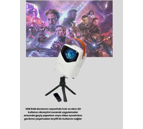 Mini Akıllı Projektör – 1080P Full HD, 64GB Depolama, 2GB RAM, Uzaktan Kumanda Destekli