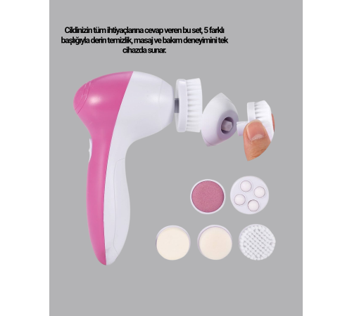 5’i 1 Arada Yüz Temizleme Cihazı – Masaj, Fırça, Peeling ve Krem Uygulama Aparatlı