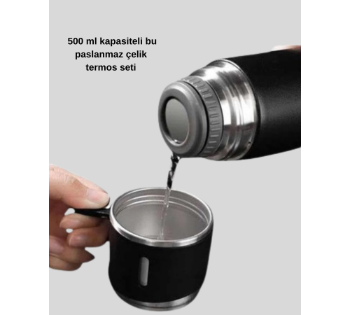 Paslanmaz Çelik 500 ml Termos Seti – 8 Saat Isı Koruma, Vakumlu, Sızdırmaz ve Taşınabilir