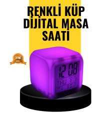 7 Renk LED Işıklı Alarmlı Dijital Küp Masa Saati Termometreli