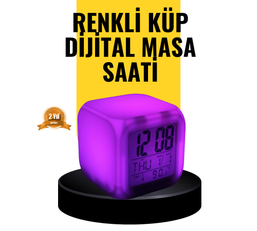 7 Renk LED Işıklı Alarmlı Dijital Küp Masa Saati Termometreli