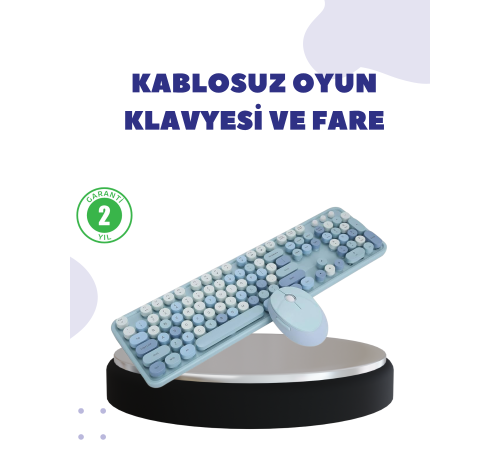 Kablosuz Retro Klavye ve Mouse Seti – 104 Tuşlu, Sessiz Yazım