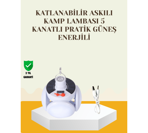 Güneş Paneliyle Şarj Olan Katlanabilir LED Çadır Lambası – 5 Kademeli Aydınlatma