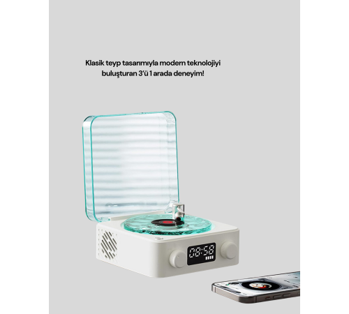 3-1 Kablosuz Bluetooth Hoparlör – Gece Lambalı, Saatli, Retro Tasarım