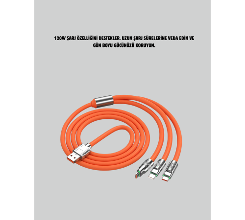 120 W Şarj ve Veri Aktarımı Kablo– 3 Başlıklı Çok Amaçlı Kablo Yüksek Hızlı