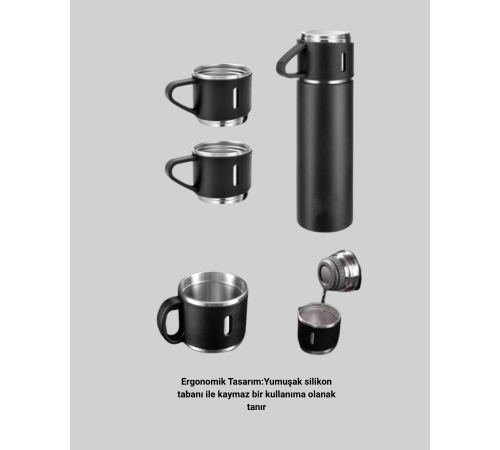 Paslanmaz Termos ve İkili Bardak Seti | 6-12 Saat Sıcak/Soğuk Tutma