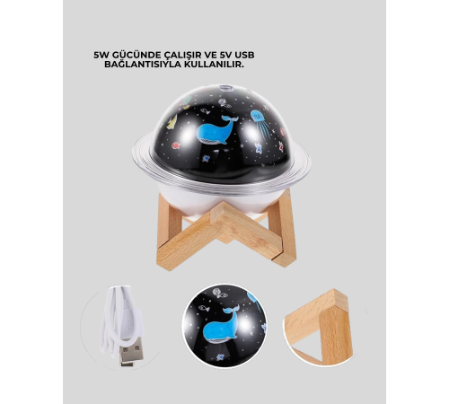 Projektör ışığı bulunan USB bağlantılı mini aromaterapi destekli hava nemlendirici