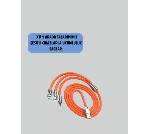 120 W Şarj ve Veri Aktarımı Kablo– 3 Başlıklı Çok Amaçlı Kablo Yüksek Hızlı