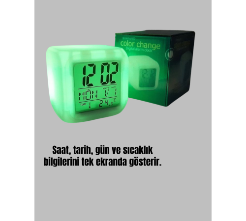 Termometre ve Takvim Özellikli 7 Renk Değiştiren Küp Alarm Saati