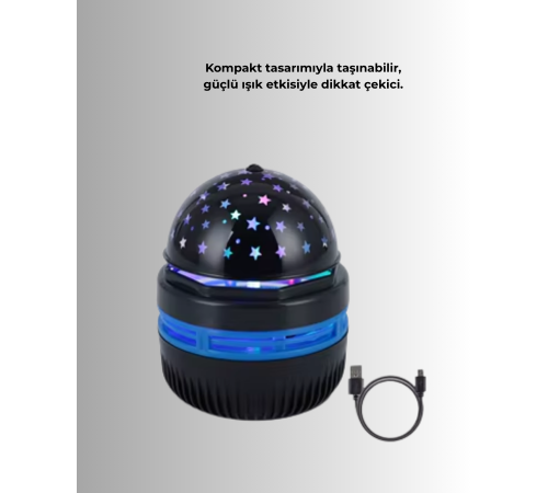 Döner Galaxy Projektör Gece Lambası – Ay ve Yıldız Işıklı Atmosfer Lamba, USB Bağlantılı