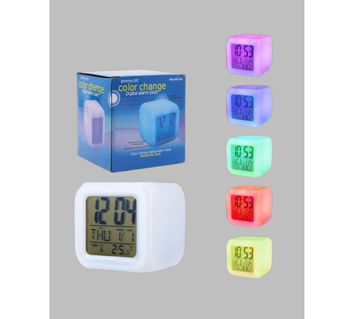 7 Renk LED Işıklı Alarmlı Dijital Küp Masa Saati Termometreli