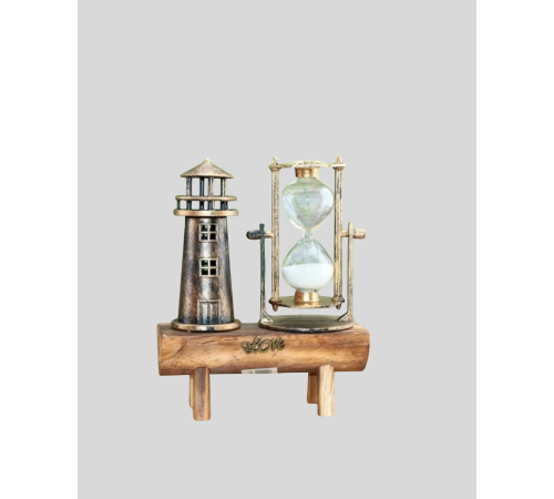 Dekoratif Ahşap Kum Saati ve Deniz Feneri Figürlü Masa Süsü – Şık ve Fonksiyonel Tasarım