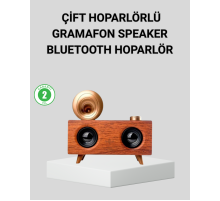 Retro Gramafon Bluetooth Hoparlör Çift Stereo Sesli FM Radyo Destekli