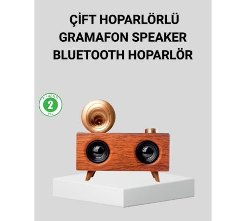 Retro Gramafon Bluetooth Hoparlör Çift Stereo Sesli FM Radyo Destekli