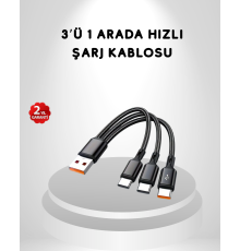 3’ü 1 Arada Hızlı Şarj Kablosu iOS Android Type-C Uyumlu ve Dayanıklı