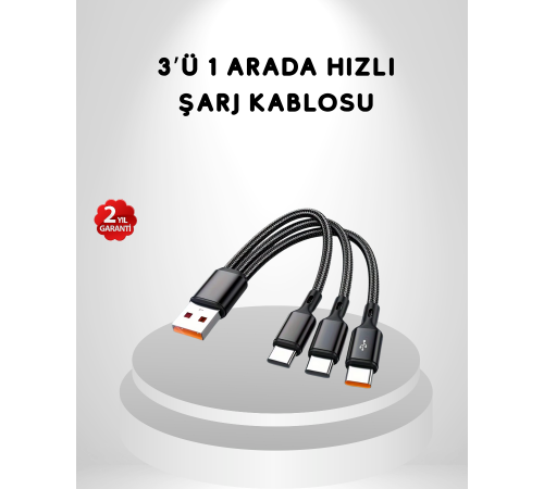 3’ü 1 Arada Hızlı Şarj Kablosu iOS Android Type-C Uyumlu ve Dayanıklı