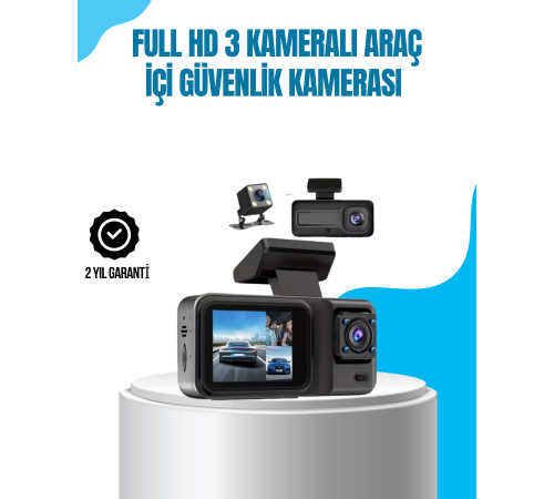 3 Kameralı Araç İçi Kayıt Cihazı 1080P Full HD Gece Görüşlü ve Wi-Fi Bağlantılı