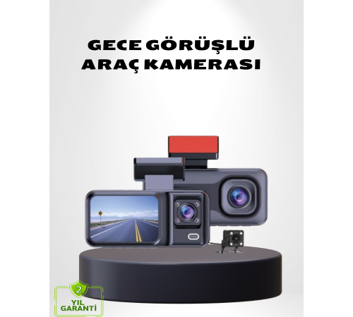 Üç Kameralı Dash Cam 170° Geniş Açılı Full HD Gece Görüşlü