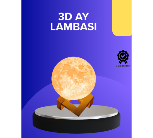 16 Renkli 3D Baskılı Ay Lambası Ahşap Standlı ve Uzaktan Kumandalı