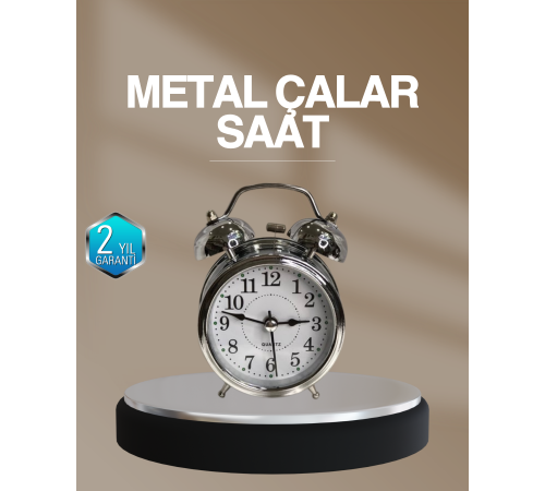 Dekoratif Yuvarlak Gümüş Sessiz Işıklı Masa Üstü Çalar Saat Alarmlı ve Şık Tasarım