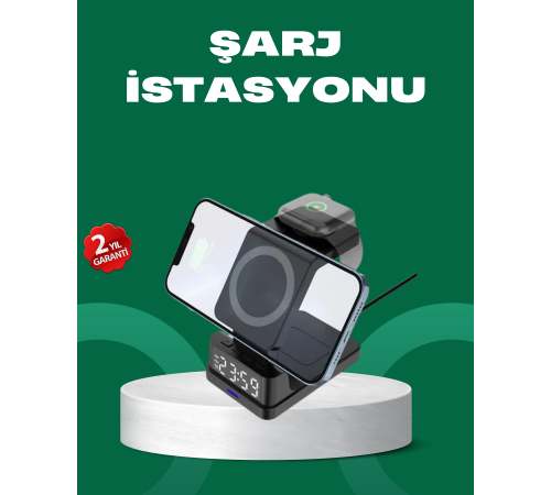 Dijital Saatli Kablosuz Şarj İstasyonu – 3’ü 1 Arada Apple Uyumlu Hızlı Şarj ve LED Ekran