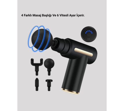 Derin Doku Masaj Tabancası 4 Başlık 6 Kademeli Sessiz Güç Şarjlı Kas Gevşetici