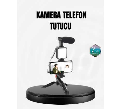 Profesyonel Vlog Çekim Kiti LED Işıklı Tripod Mikrofonlu Telefon Seti