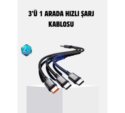 3 Başlıklı Hızlı Şarj Kablosu Metal Alaşımlı Dayanıklı ve Akıllı Çipli