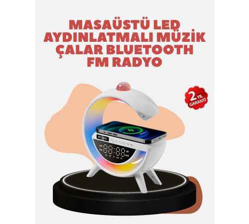 Bluetooth 5.0 Kablosuz Şarj Rampalı FM Radyo ve RGB Işıklı Hoparlör