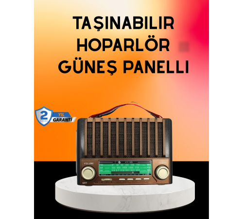 Solar Şarjlı Taşınabilir Radyo Bluetooth Hoparlör USB SD Destekli