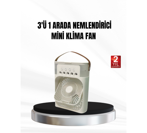3’ü 1 Arada Mini Klima Fan USB Şarjlı, 7 Renk Gece Lambalı ve Nemlendirici