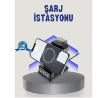 Kablosuz Şarj Cihazı ve Dijital Saat – 4’ü 1 Arada Hızlı Şarj, Apple Uyumlu, LED Işıklı Tasarım