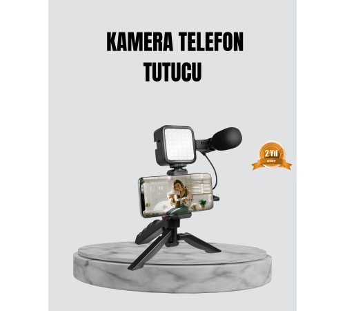 Telefon Video Çekim Kiti LED Aydınlatma Mikrofon Tripodlu Tam Set