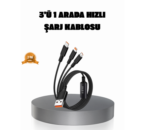 3’ü 1 Arada Şarj Kablosu Type-C iOS Android Uyumlu Hızlı ve Güvenli Şarj