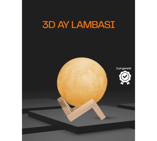 Ahşap Standlı 3D Baskı Ay Lambası 16 Renkli ve Şarjlı Uzaktan Kumandalı