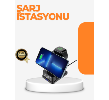 4’ü 1 Arada Kablosuz Şarj İstasyonu – LED Saat Ekranlı, Apple Uyumlu, Akıllı Güvenlik Koruması