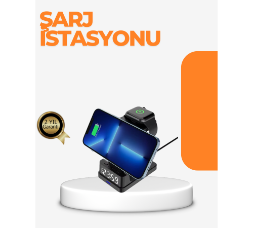 4’ü 1 Arada Kablosuz Şarj İstasyonu – LED Saat Ekranlı, Apple Uyumlu, Akıllı Güvenlik Koruması