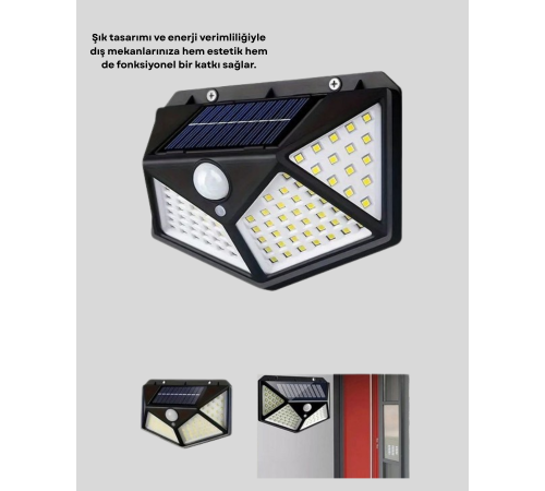 100 LED Solar Lamba Hareket Algılamalı Bahçe Duvar Dış Mekan Aydınlatma