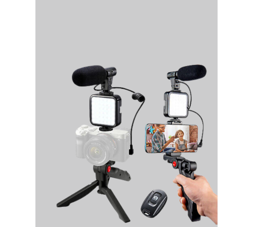 Profesyonel Vlog Çekim Kiti LED Işıklı Tripod Mikrofonlu Telefon Seti