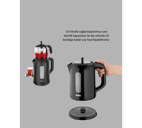 Sinbo Elektrikli Çay Makinesi 1.7 L Su Isıtıcı ve Cam Demlikli Güvenli Kullanım