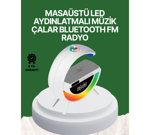 Dijital Saatli Kablosuz Şarj Destekli RGB LED Işıklı Bluetooth Ses Sistemi