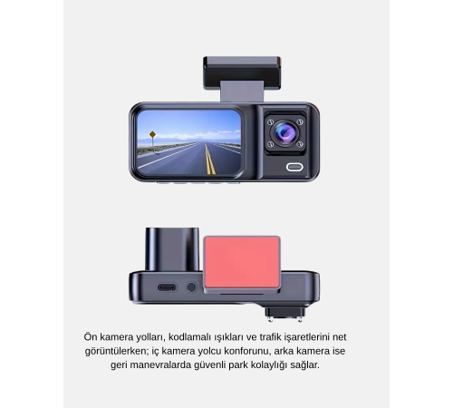 Full HD Üç Kameralı Araç Kamerası G-Sensörlü ve Gece Görüşlü