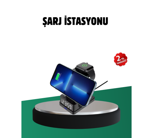 Kablosuz Şarjlı Dijital Masa Saati – 3 Parlaklık Seviyeli LED, Hızlı Şarj, Apple Uyumlu