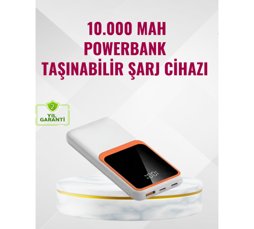 Powerbank 10000 mAh – Çift USB Çıkışlı, Type-C Girişli, Şık Beyaz Tasarım