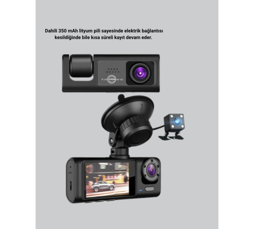 Üç Kameralı Araç İçi Kayıt Sistemi Full HD Gece Görüşlü ve G-Sensör Destekli