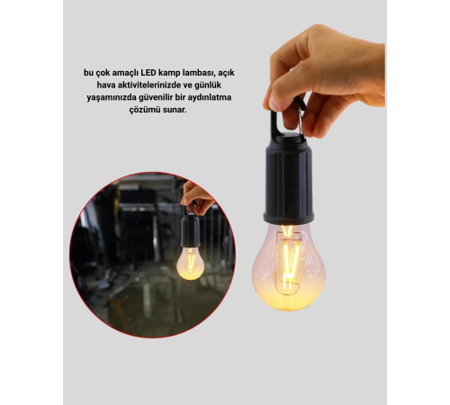 Taşınabilir Şarjlı LED Kamp Lambası – Type-C Girişli ve Kancalı Tasarım