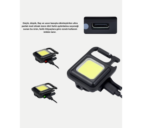 Şarjlı COB LED Anahtarlık Fener – 4 Modlu, Manyetik ve Katlanabilir Standlı