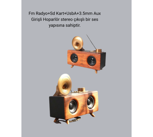 Çift Hoparlörlü Retro Bluetooth Speaker 1800mAh Bataryalı AUX USB SD Kartlı