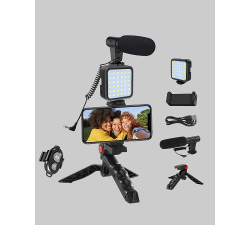 Profesyonel Vlog Çekim Kiti LED Işıklı Tripod Mikrofonlu Telefon Seti